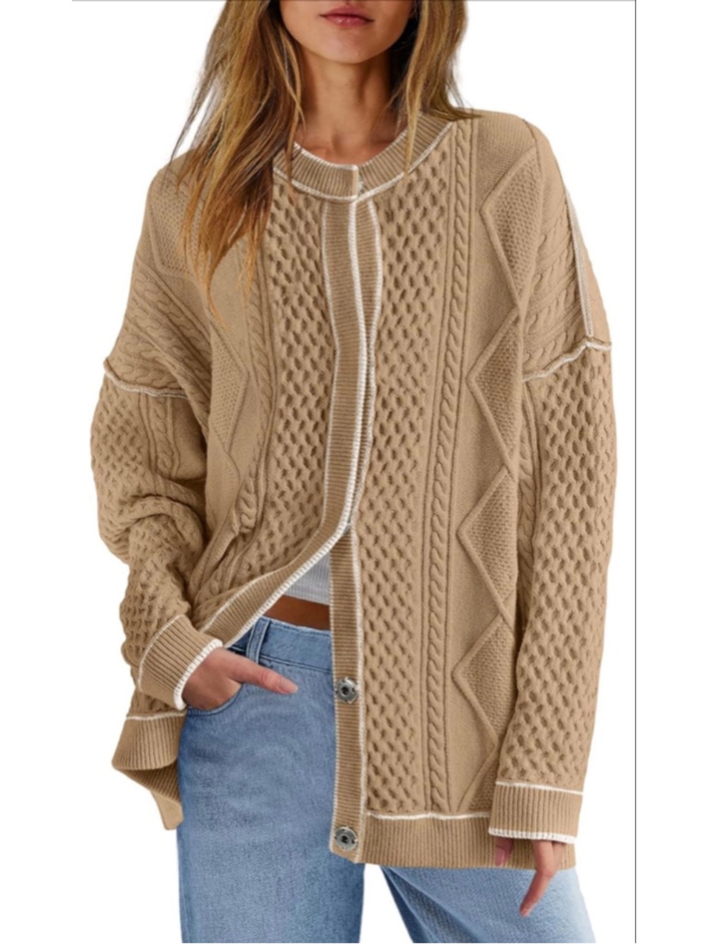 NEW Cable Knit Oversized Cardigan Button Up Striped Sweater S